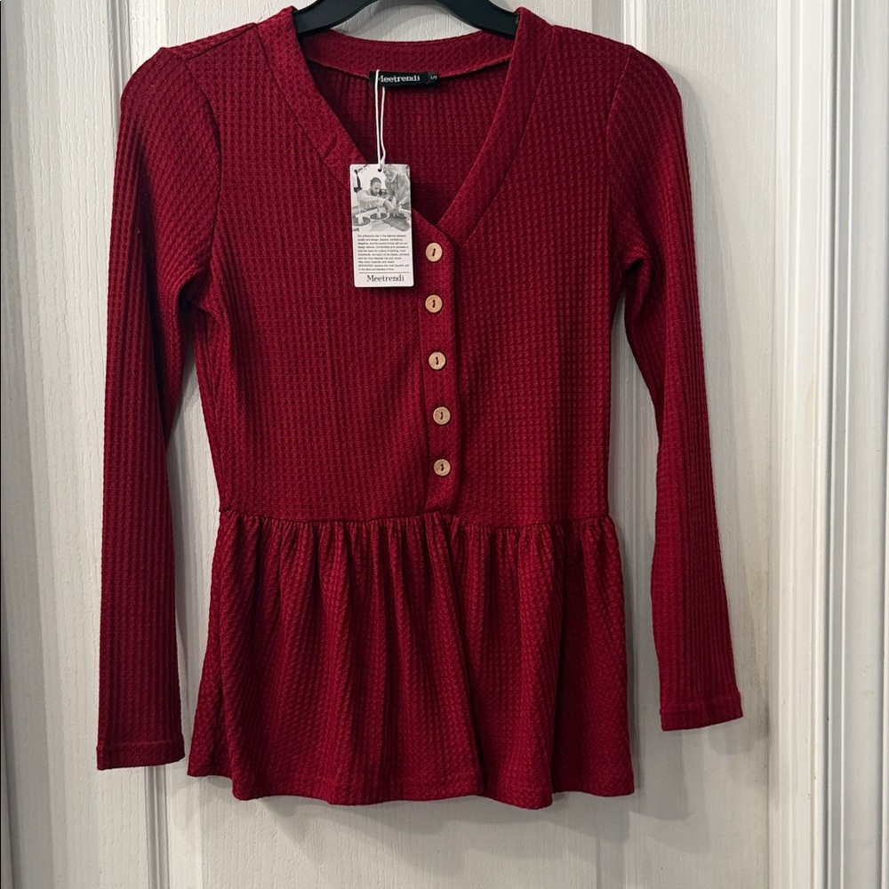 Women’s Red Waffle Knit Peplum Henley Top
